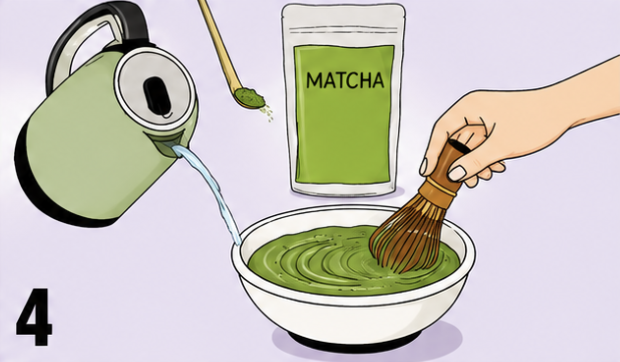 Illustration von grünem Matcha-Tee mit Kanne, Schale und Besen.